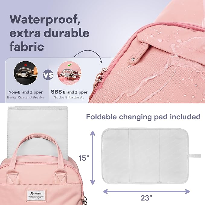 RUVALINO Diaper Bag Backpack, Multifunction Travel Back Pack for Girls, Maternity Baby Changing Bags with Changing Pad for Mom, Large Capacity, Waterproof and Stylish, Pink - Image 6