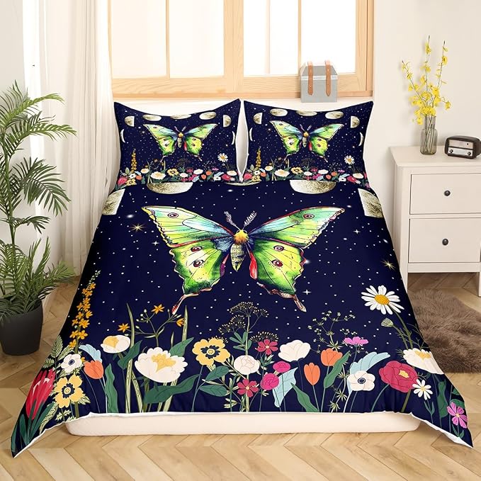 Erosebridal Moth Bedding Set Twin, Moon and Stars Galaxy Duvet Cover for Kids Boys Girls, Boho Floral Wildflower Bed Set, Rustic Country Flower Quilt Cover Bedroom Decor, 1 Pillowcase No Comforter - Image 4