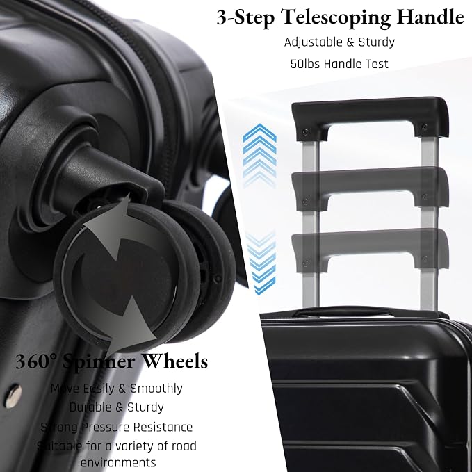 2-Piece ABS Hard Shell Lightweight Carry-On Luggage Set (14" & 20"), 360-Degree Spinner Wheels, Adjustable Telescopic Handle and Combination Lock for Travel, Black - Image 3