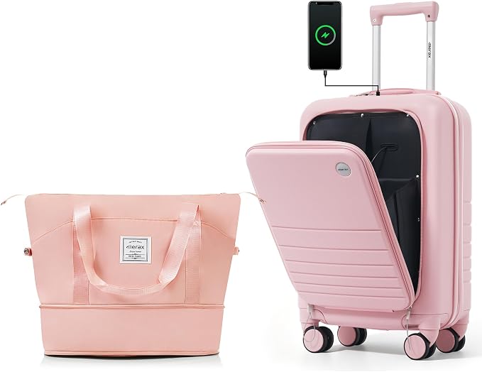 20 Inch Checked Suitcase with TSA Lock Travel Duffel Bag Wet-Dry Toiletry Bag, Pink Front-Opening by Merax