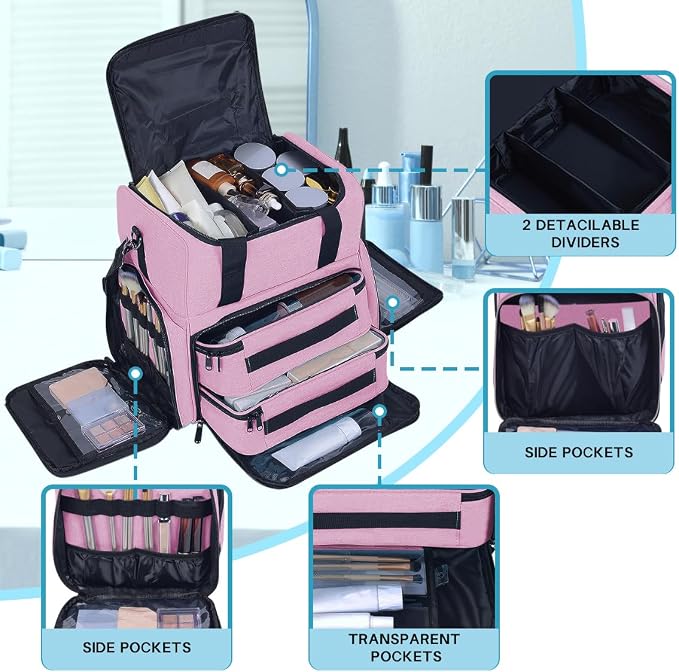 Large Makeup Bag with 2 Removable Case Cosmetic,Pink | Large Makeup Bag with 2 Removable Case Multifunctional Cosmetic Bag Double Layer Travel Toiletry Organizer - Image 3