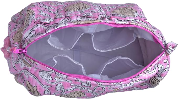 Quilted Floral Block Print Makeup Bag Set of 3 – Cotton Travel Toiletry and Makeup Organizer, Cosmetic Pouch, Toiletry Bag for Women, Cute Boho Coquette Make Up Bags for Women (Small, Medium, Large) - Image 6