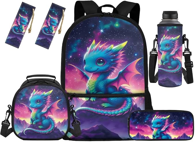 Dragon Backpack with Lunch Box Set Kids Book Bag for Elementary Boys 5 Pcs Backpack Set for School Pencil Case Bottle Holder Bookmark Kids Back to School Galaxy by Unknown