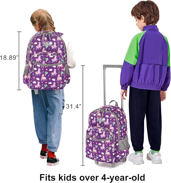 Tilami Rolling Backpack 18 inch Double Handle with Lunch Bag Wheeled Kids Backpack for Girls and Boys, Purple Alpaca - Image 8