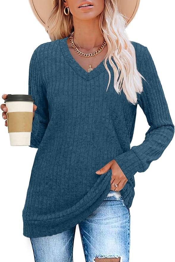 Sampeel V Neck Long Sleeve Shirts for Women Casual Fall Tops Lightweight Tunic Sweaters Fashion Clothes Loose Fit 2025