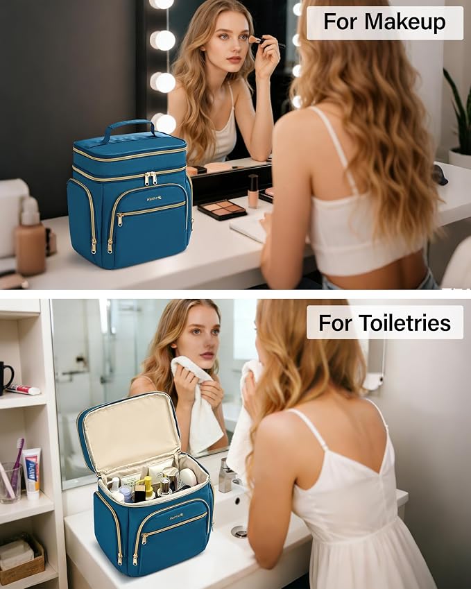 Hanke Large Toiletry Bag for Women Travel, Double Layer Organizer with Wide Opening for Full-Size Cosmetics & Toiletries, 12.2L Water-Resistant Makeup Bag,Navy Blue - Image 9