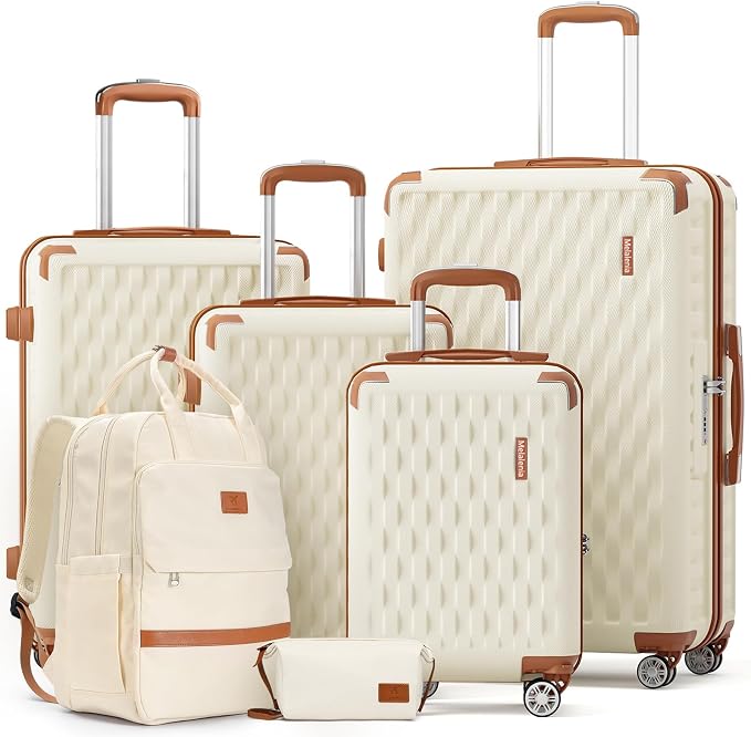 Melalenia Suitcase Sets 6 Piece Hard Shell Carry on Luggage with Spinner Wheels and TSA Lock, Lightweight Travel Backpack for Women, Beige Brown by Melalenia