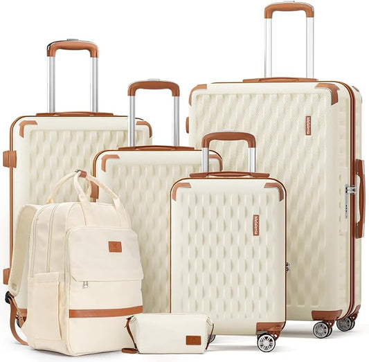 Melalenia Suitcase Sets 6 Piece Hard Shell Carry on Luggage with Spinner Wheels and TSA Lock, Lightweight Travel Backpack for Women, Beige Brown by Melalenia