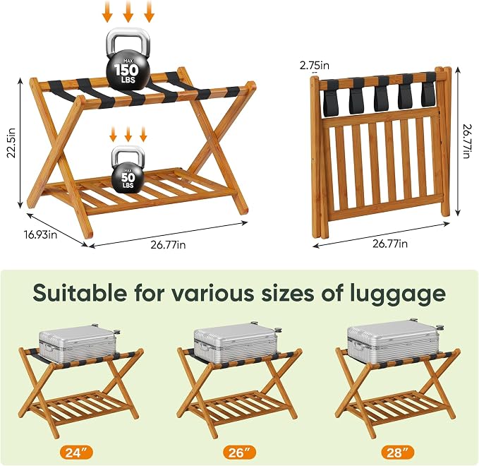 Smart FENDEE Pack of 2 Fully Assembled Bamboo Luggage Racks with Shoe Shelf, 5 Heavy-Duty Straps Folding Suitcase Stand, Luggage Holders for Guest Room Must Haves, Ideal for Bedroom, Hotel, Honey Oak - Image 8