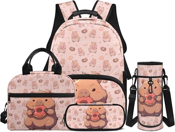 4 PCS Backpack for Kids Elementary Student Capybara Backpacks with Insulated Lunch Box Pencil Case Water Bottle Holder Carrier Bag Pink by Unknown