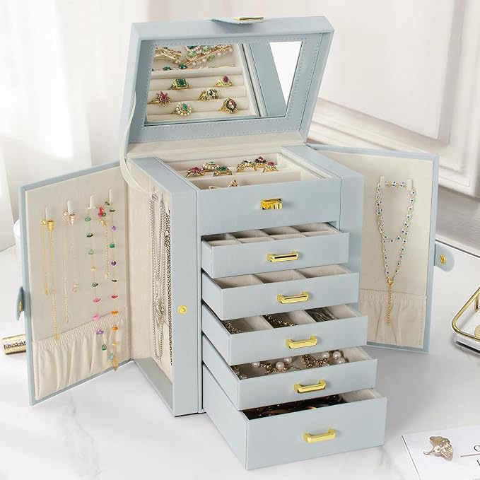 AKOZLIN 6-Tier Jewelry Box Organizer Functional 5 Drawers Leather Jewelry Storage Case for Women Girls Ring Necklace Earring Bracelet Holder Organizer with Mirror Grey Regular - Image 2