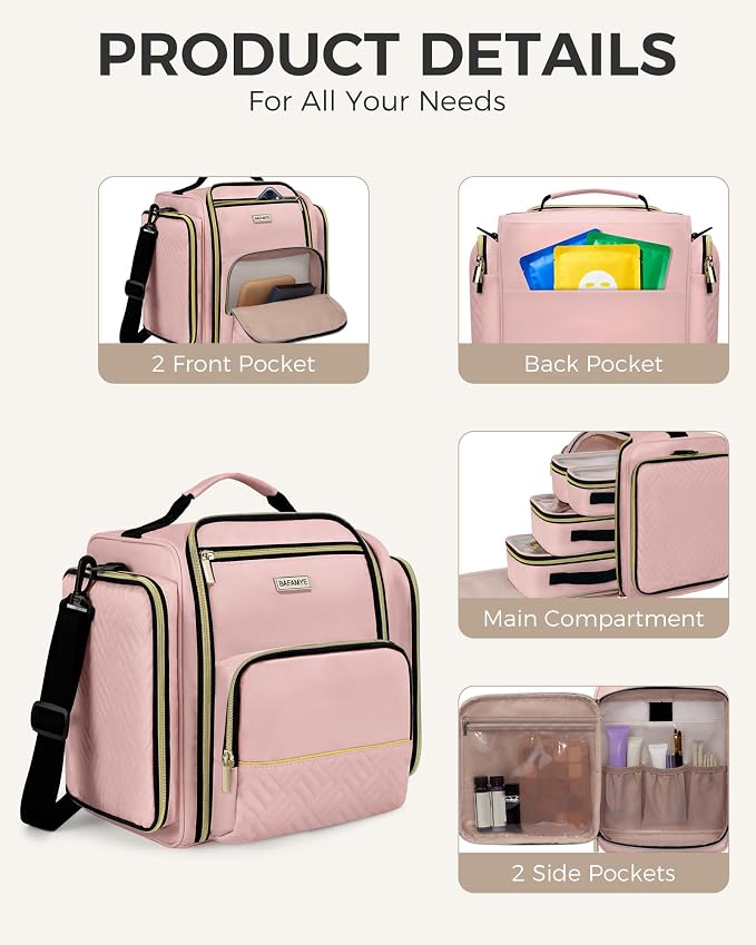 BAFAMYE Large Travel Makeup Bag - Cosmetic Organizer with 4 Removable Inner Pockets, Multi-functional Toiletry Bag for Accessories & Brushes, Women's Beauty Case, Pink - Image 4