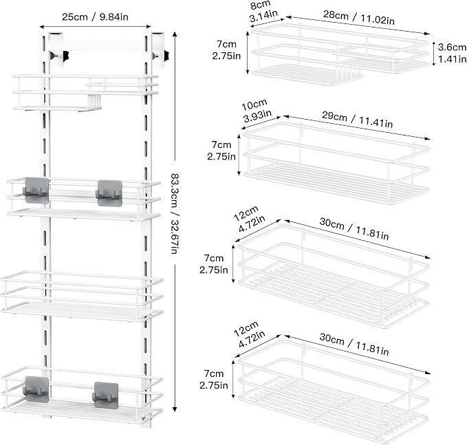 Orimade Over The Door Shower Caddy Adjustable 4 Tier White,Bathroom Hanging Organizer Shelf Rustproof with 4 Hooks,Shower Basket with Soap Holder and Suction Cup - Image 6
