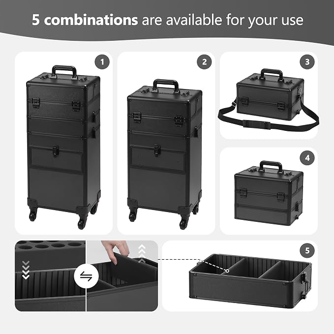 Somduy 4 in 1 Rolling Makeup Case on Wheels with Drawer and Professional Cosmetic Organizers for Salon Barber - Bright Black - Image 3