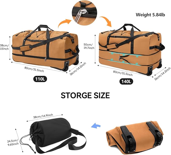 Bagenerous 110L/140L Expandable Soft-Sided Foldable Duffle Bag with 2 Rubber Wheels,Packable 32” Rolling Carry-On with Multi-Pockets & Compartments,Coffee - Image 2