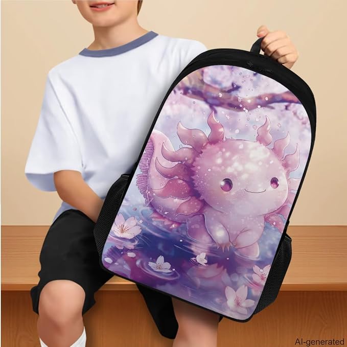 Cherry Blossom Axolotl Backpack for Girls Kids Backpack with Lunch Box Water Bottle Pouch and Kawaii Pencil Case 4PCS Set Cute Bookbag with Compartments 17" School Bag for Elementary Girls - Image 3