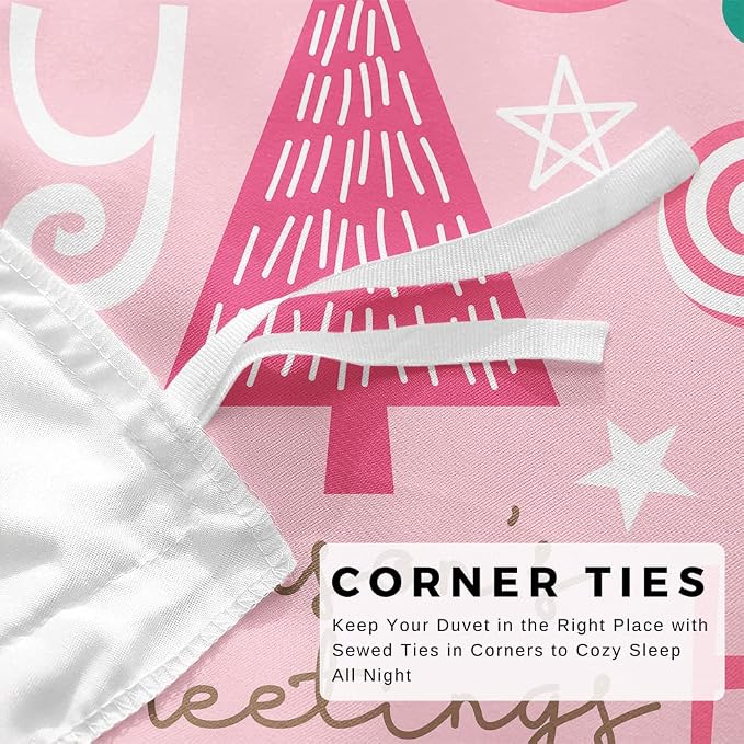 Pink Christmas Duvet Cover King Size Set - Cute Christmas Bedding Bedroom Decor, Comforter Cover & 2 Pillowcases 3 Pieces - Cartoon Santa Theme, New Year, Lovely Home Collection Quilt Cover - Image 5