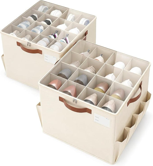 Varhomax Shoe Organizer Box for Closet, Fabric Shoe Storage Bin with Adjustable Dividers & Clear Cover, Holds up 16-32 Pairs of Sneakers & Sandals for Entryway, Cubby, Beige 2 Pack by Varhomax