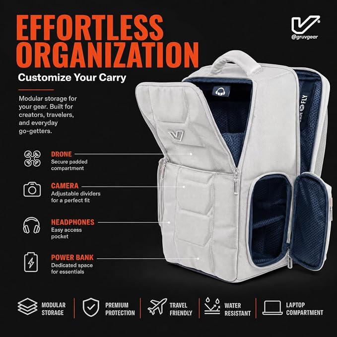 Gruv Gear Travel Laptop Backpack, 20L Silver Tech Backpack with Modular Storage Shelves, Dual Access Pockets & TSA-Friendly Design, Compact Carry-On Backpack for Work, Travel & Everyday Carry - Image 8