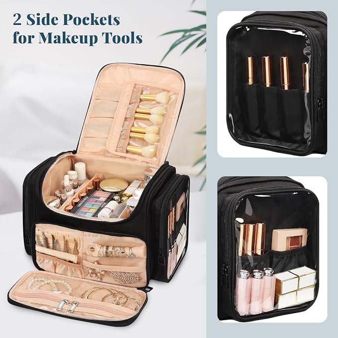 Large Makeup Bag with Jewelry Organizer, Travel Toiletry Bag for Women Girls with Makeup Brush Compartment & Two Side Pockets - XL Black - Image 5