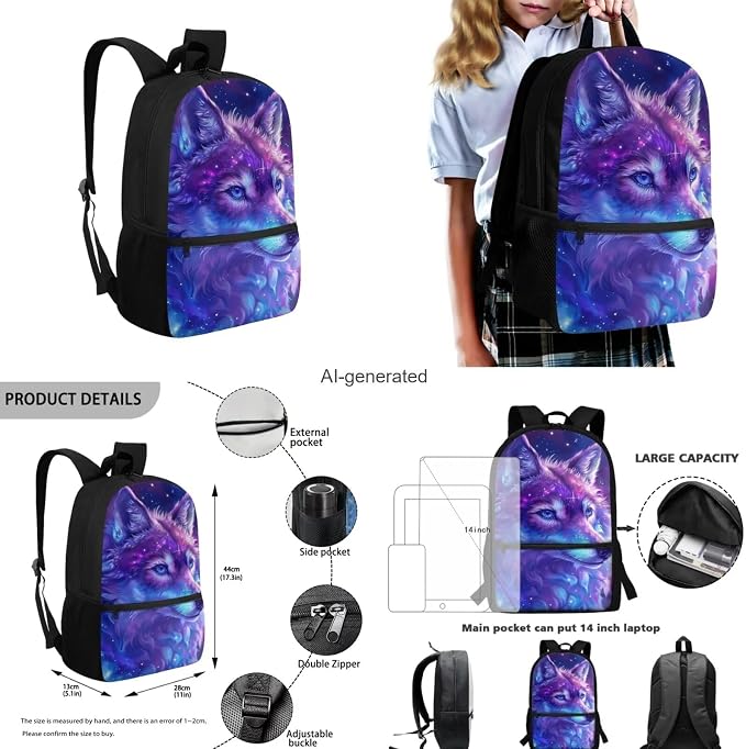 Galaxy Wolf Backpack for Girls Boys Backpack with Lunch Box Water Bottle Carrier with Strap and Big Pencil Case 4PCS Bookbag with Front Pocket for School 17 inch Sturdy School Bag for Kids - Image 3