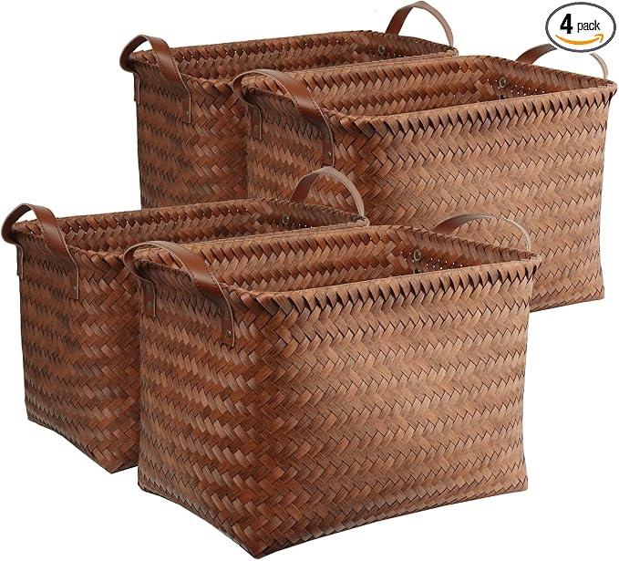 BROWNLILY Handwoven Clothes Basket Laundry Hampers Large Wicker Storage Baskets for Shelves Blankets Closet Storage Bins Car Bedroom Bathroom Organizers and Storage Bath (Pack of 4, Brown) by Unknown