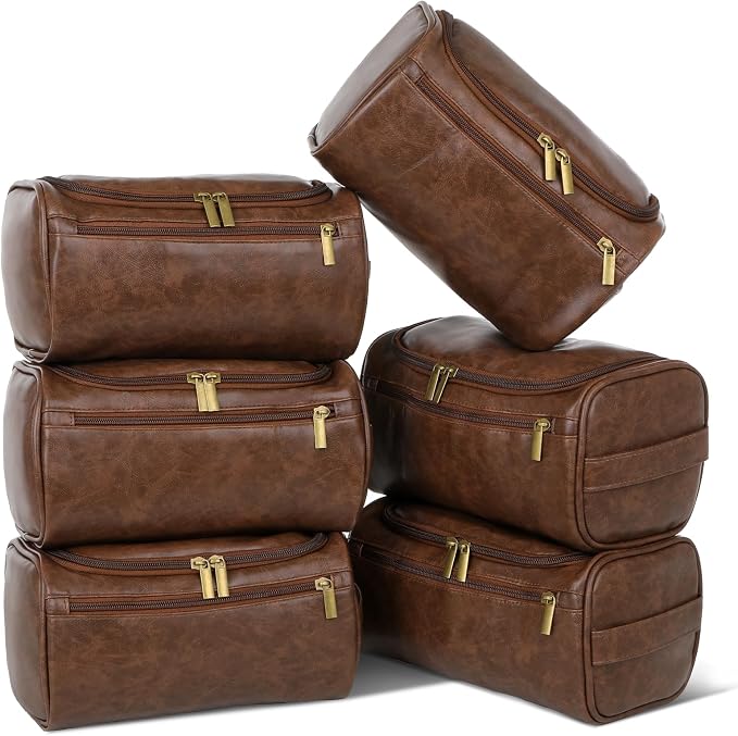 6 Pcs Mens Toiletry Bag Groomsmen Gift, Personalized Leather Toiletry Bags, Dark Brown Leather Travel Bag for Him, Shaving Kit, Groomsmen, Best Man, Wedding Gifts, Husband Boyfriend Father Grandpa by Unknown