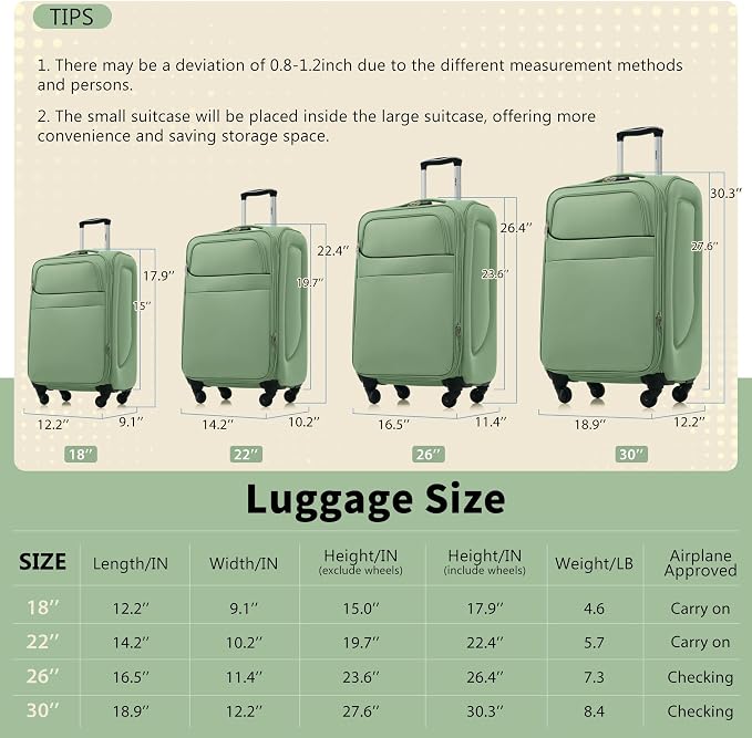 Merax 4 Piece Soft Luggage Set 18/22/26/30,Expandable Suitcase,Light Green | Suitcase Set with TSA Lock,Spinner Wheels,Telescopic Handle,Front Pocket,Lightweight Travel Luggage for Family Trips - Image 2