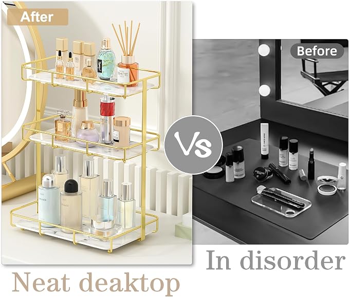 Bathroom Organizer Countertop Perfume Organizer Makeup Organizer Cosmetics Storage Display Rack Vanity Tray Dresser Stainless Steel Gold Shelf White Marble Ceramic Tray - Image 5