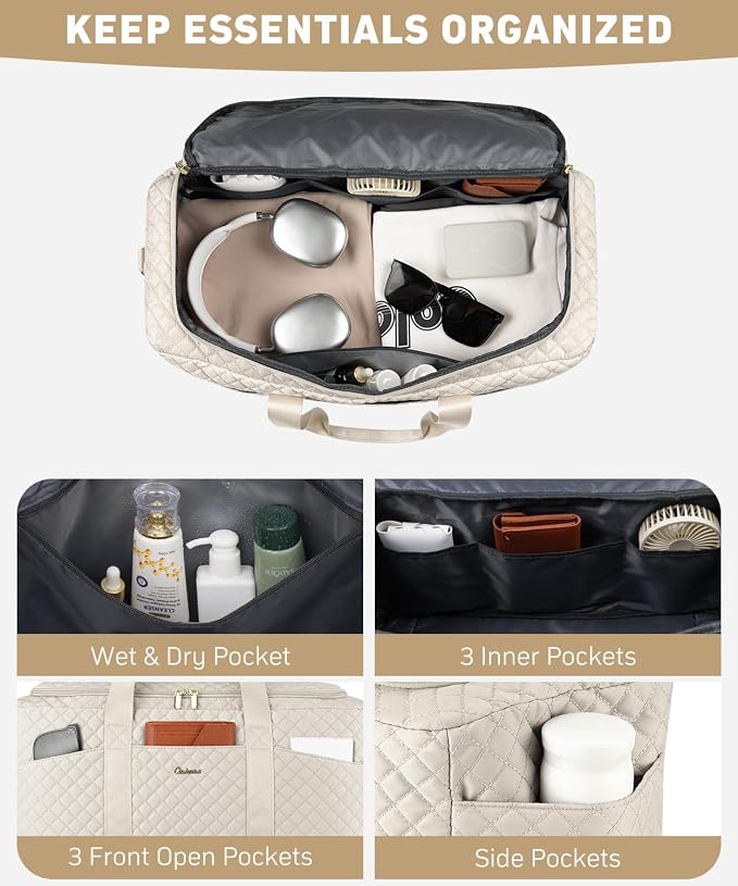 Duffle Bag for Travel, Weekender Bag with Shoe Compartment, Carry On Overnight Bag for Women with Toiletry Bag Duffel Bags with Wet Pocket for Gym Hospital Bags for Labor and Delivery Beige - Image 2