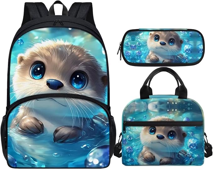 Otter Boys Backpack and Lunch Box Set 6-12 Elementary School Bag Set with Lunch Bag Pencil Case 3Pcs Kids Bookbag for Middle School by Vanideaoty