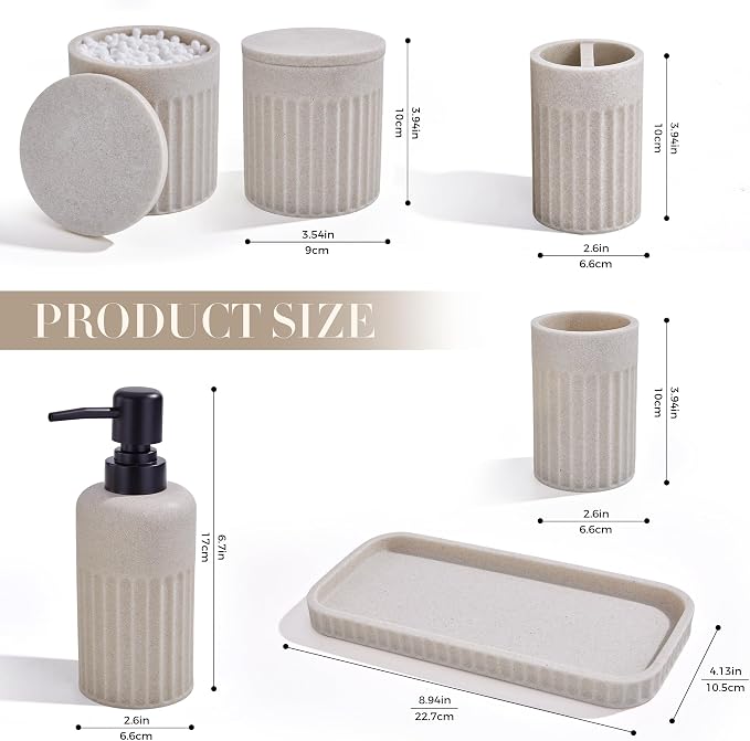 INIUNIK Bathroom Accessory Set, 6 Pieces, Beige | Resin, Bathroom Accessories Set, with Soap Dispenser Set, Toothbrush Holders, Tumbler, Vanity Tray & 2 Qtip Holder - Image 3