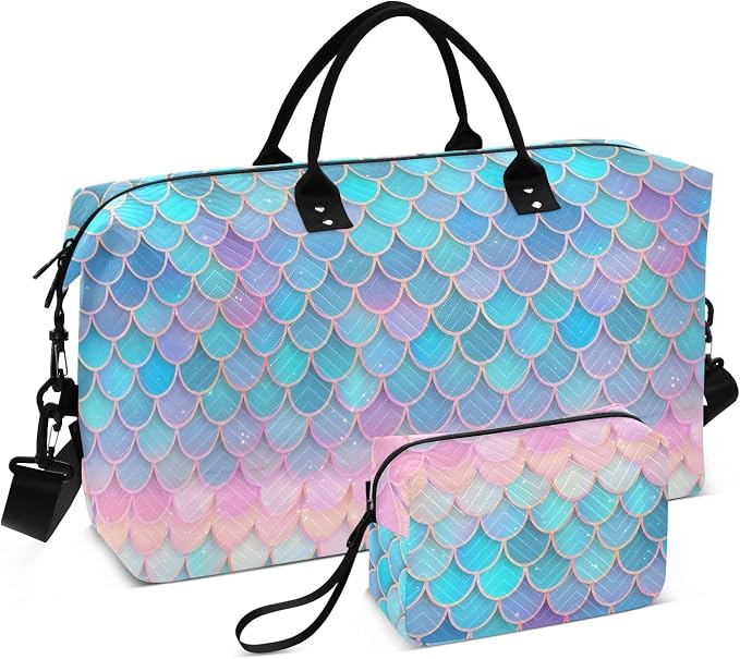 Weekender Bags Travel Duffel Gym Bag Carry on Overnight Tote Bag with Toiletry Bag for Airplane Travel Trip Gym Yoga (Fish Scales Mermaid) by senya