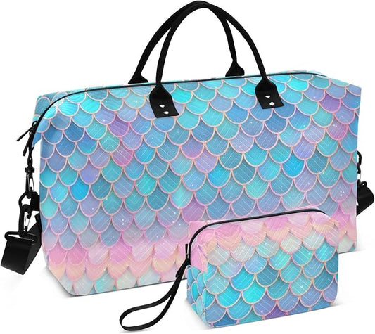 Weekender Bags Travel Duffel Gym Bag Carry on Overnight Tote Bag with Toiletry Bag for Airplane Travel Trip Gym Yoga (Fish Scales Mermaid) by senya