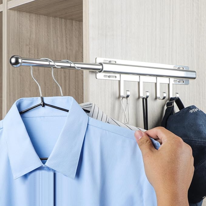 BaiNong Valet Rod for Closets Pull Out 12" Silver with 4 Hooks | Closet Valet Rod Slide Out for Closets, Laundry Rooms, RVs Space-Saving by BaiNong