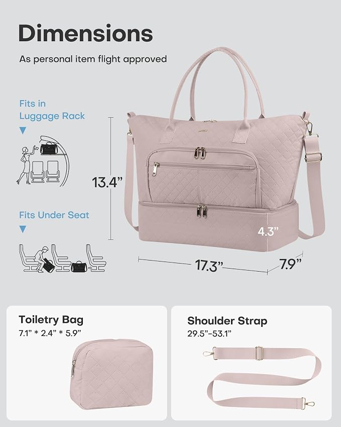 HOTOR Travel Duffle Bag for Women - Carry on Bag with Toiletry Pouch & Shoe Compartment, Large Overnight Weekender Bags for Gym, Business Trips, Sports and Hospital, Pink, 17.3" x 7.9" x 13.4" - Image 2