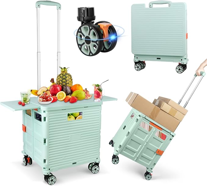 FELICON SELORSS Folding Utility Cart Portable Rolling Crate Handcart-Green | Magnetic Sliding Lid,Telescoping Handle,Plastic Box Dolly,360°Swivel Wheels for Travel Shop Move Laundry Office Teacher Use by FELICON