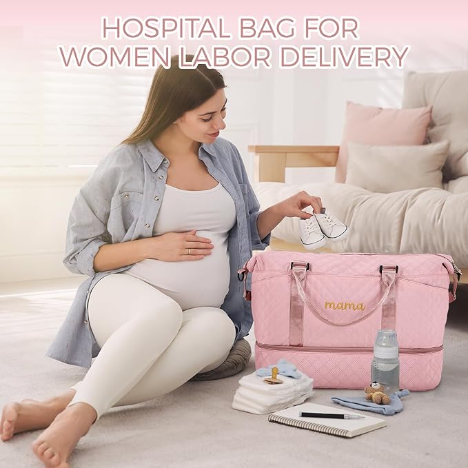 Dansydaisy Mama Hospital Bag for Women Labor Delivery Travel Duffle Bag with Shoe Compartment and Toiletry Pouch Waterproof Letter Embroidered for Pregnancy Weekender Overnight Gym Gift, Pink - Image 5