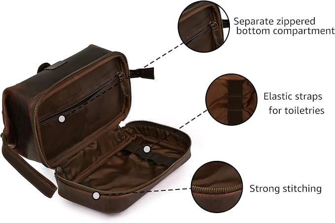 LEATHER VILLAGE Genuine Leather Dopp Kit – Large Travel Toiletry Bag with Waterproof Lining, Dual-Zip Design for Men & Women, Organizer for Shaving, Makeup & Essentials - Cherry - Image 2
