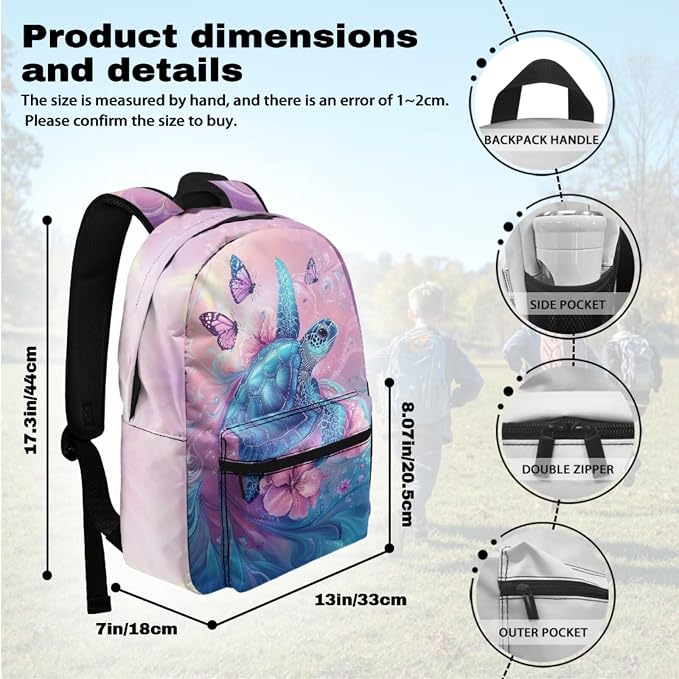 Teen Girls Backpack Sea Turtle Bookbag and Lunch Box Set for Girls, Butterfly Floral Cute Backpack for Middle School Girl Back to School Gift Supplies 17 inch Bookbag Set of 4 - Image 3