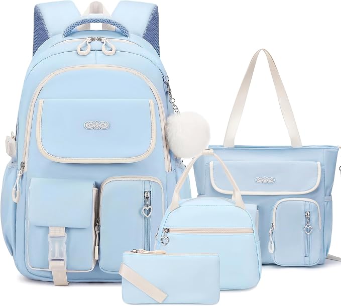 DIGOBAY Backpacks for Girls, 4PCS School Girls Backpack with Tote Bag Lunch Box Pencil Pouch for Teen Kids Elementary Primary Middle High College Travel School bag Bookbag Set, Blue by DIGOBAY