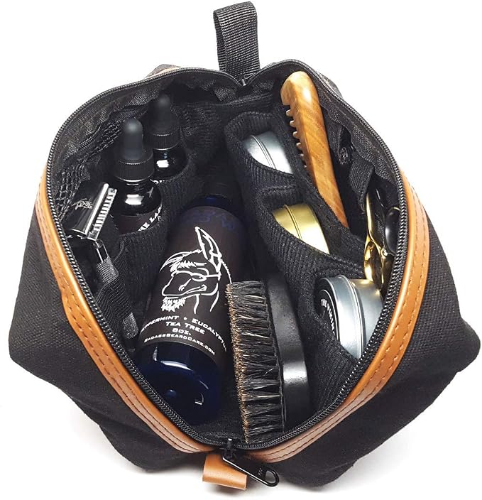 Badass Beard Care The Loaded Badass Canvas Travel Bag Features: Beard Oil, Beard Balm or Wax, Comb, Boars Hair Brush, Scissors, and canvas travel bag by BadassBeardCare