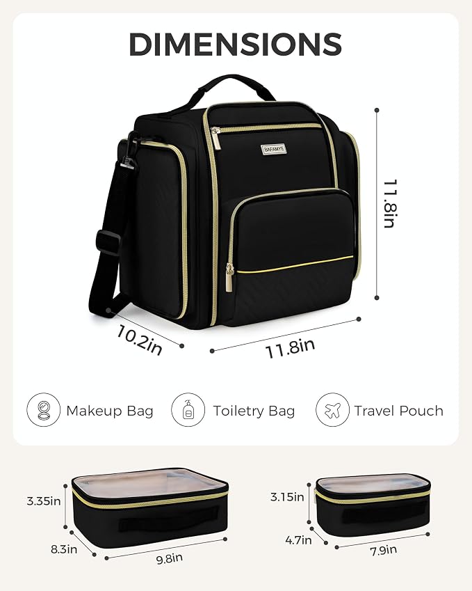 BAFAMYE Large Travel Makeup Bag - Cosmetic Organizer with 4 Removable Inner Pockets, Multi-functional Toiletry Bag for Accessories & Brushes, Women's Beauty Case, Black - Image 2