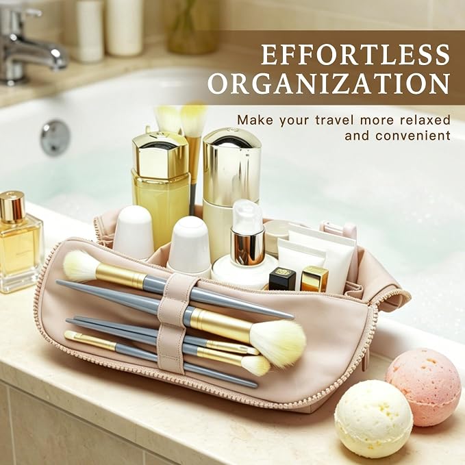 Minoisome Travel Makeup Bag,PU leather toiletry bag,make up organizer case for women,Large Capacity Cosmetic Bag,Wide-open Pouch Purse，Toiletries Accessories，Fold-Down Design and Adjustable Dividers. - Image 3