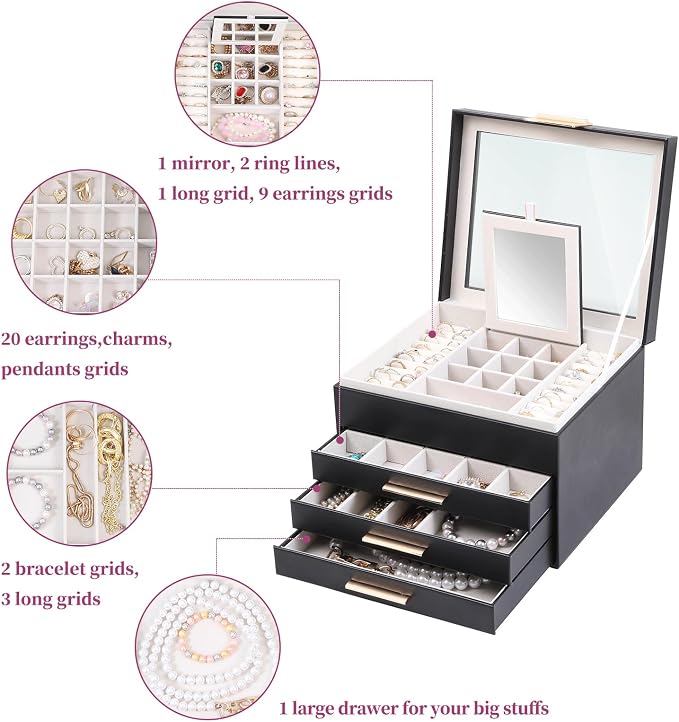 BOOVO Clear Lid Jewelry Box,3 Layers Jewelry Organizer Large Jewelry Storage Box with 2 Drawers,Jewelry Holder Organzier of Rings Earrings Necklace Bracelets for Women (Black, 4 Layer) - Image 5
