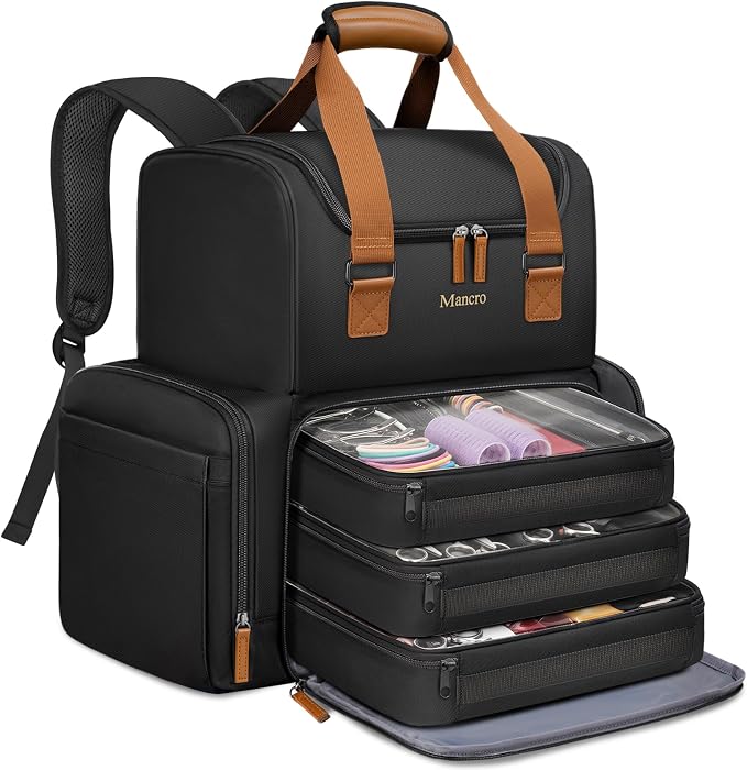 Mancro 2-Layer Hairstylist Travel Bag with 3 Separate Pouches, Black | Cosmetology Bag with 2 Side Pockets, Professional Barber Bag Backpack with Adjustable Dividers for Cosmetology Supplies by Mancro