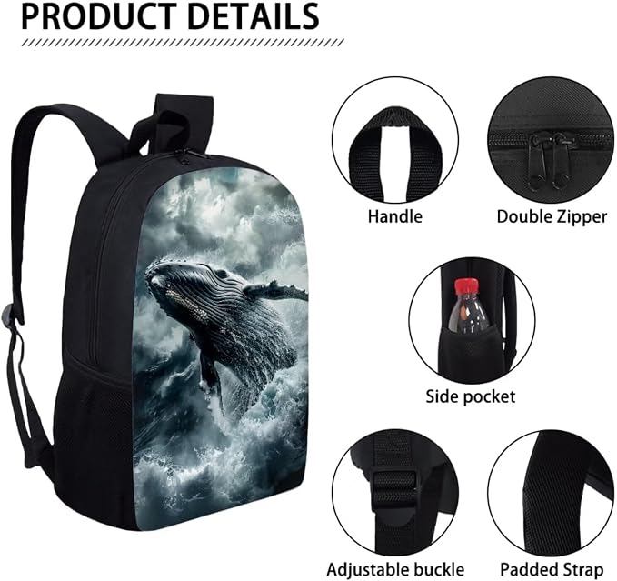 17 Inch Animal Print School Backpack And Lunch Box Set for Kids Lightweight Stormy Sea Whale Backpack for Boys Girls Sturdy School Bag with Insulated Lunchbox Pencil Case Student Bookbag - Image 4
