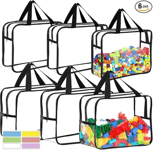 6 Packs Large Toy Storage Bags with Labels, Reusable Clear PVC Board Game Storage, Travel Waterproof Organizer Bags with Zipper for Building Blocks, Puzzle, Kids Books(3 large & 3 Extra Large) by OPELETNNT