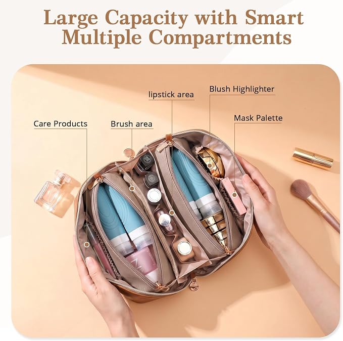 Travel Makeup Bag for Women: 3-in-1 Large Capacity Cosmetics Organizer with 2 Detachable Pouch - Vegan Leather Flat Open Toiletry Bag - Portable Travel Essentials for Full-Sized Bottles(Grey) - Image 3
