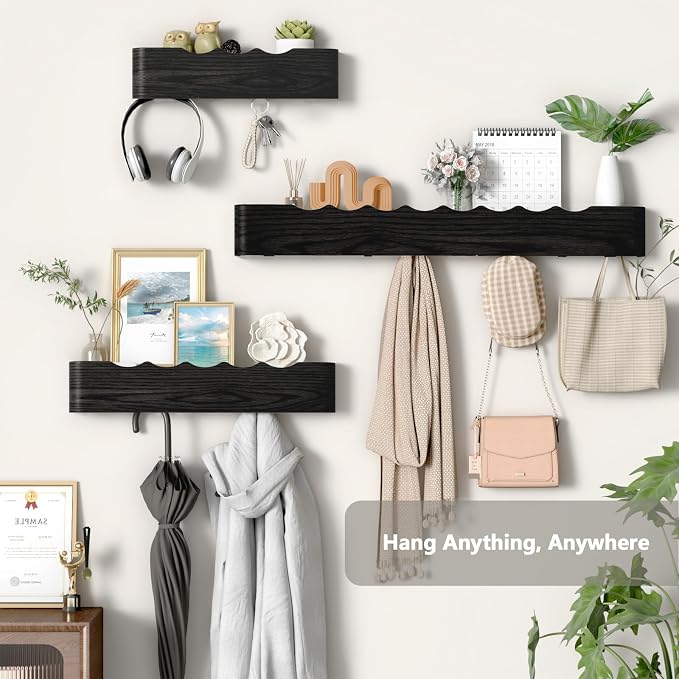 Wall Mounted Coat Rack with Shelf, Wooden Entryway Organizer with Hidden Metal Hooks for Hanging Coats Bags Keys, Modern Floating Shelf for Hallway Bathroom - Image 5